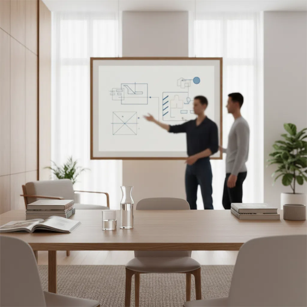 Twee anonieme figuren in een modern redactioneel interieur, één wijst naar een neutraal diagram